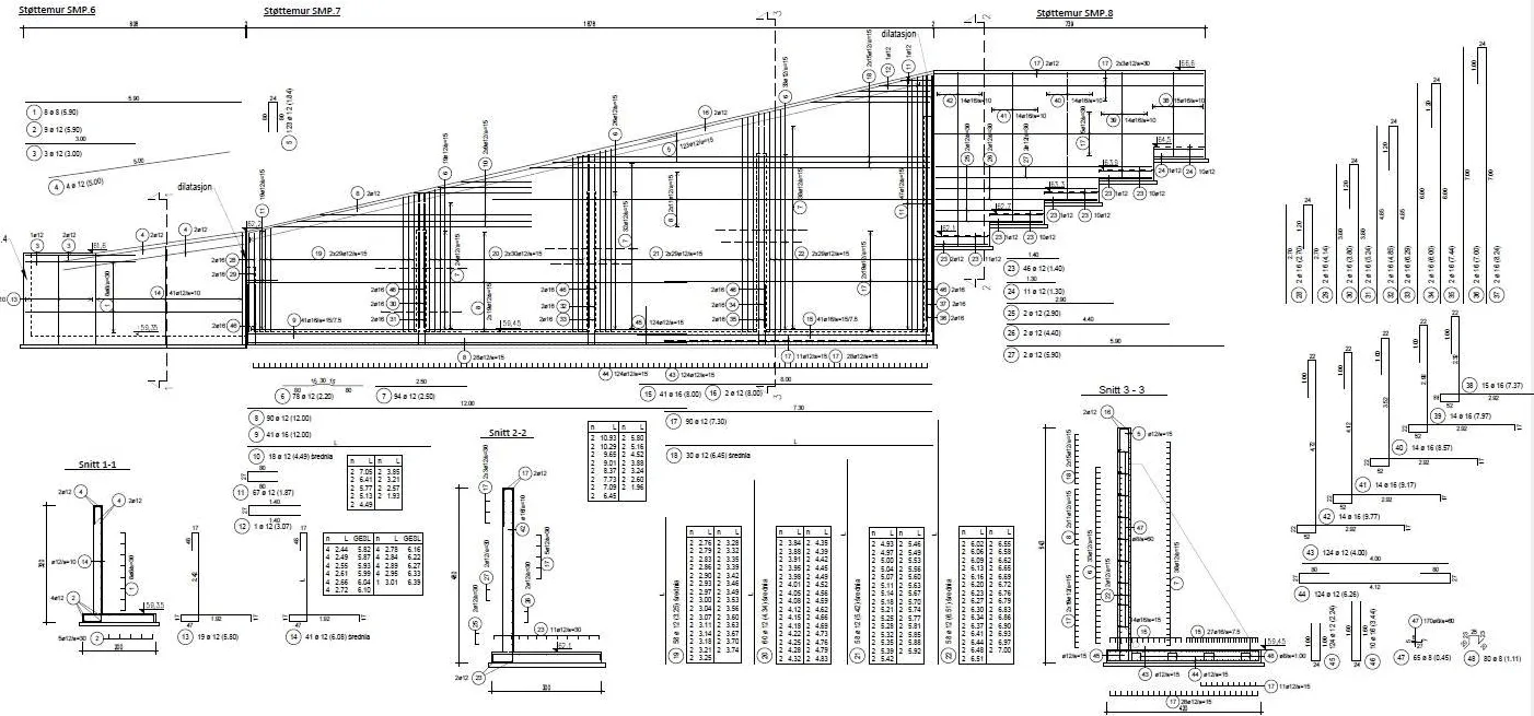 Mur oporowy — przekroje i zestawienie zbrojenia